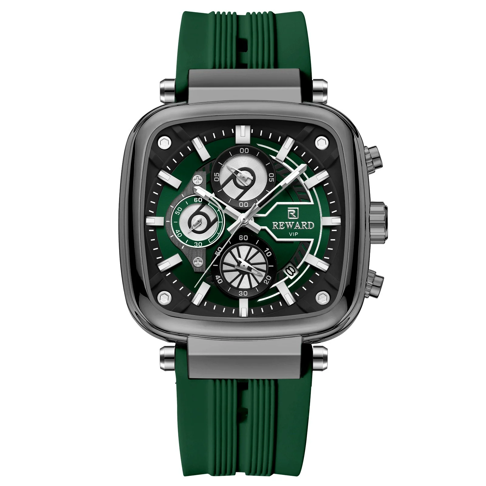 Multifunctional Sports Quartz Men's Watch With Silicone Strap Square Shape Waterproof Sixpin Chronograph Alloy Case Mineral Reinforced Mirror Stainless Steel Buckle - Image 8