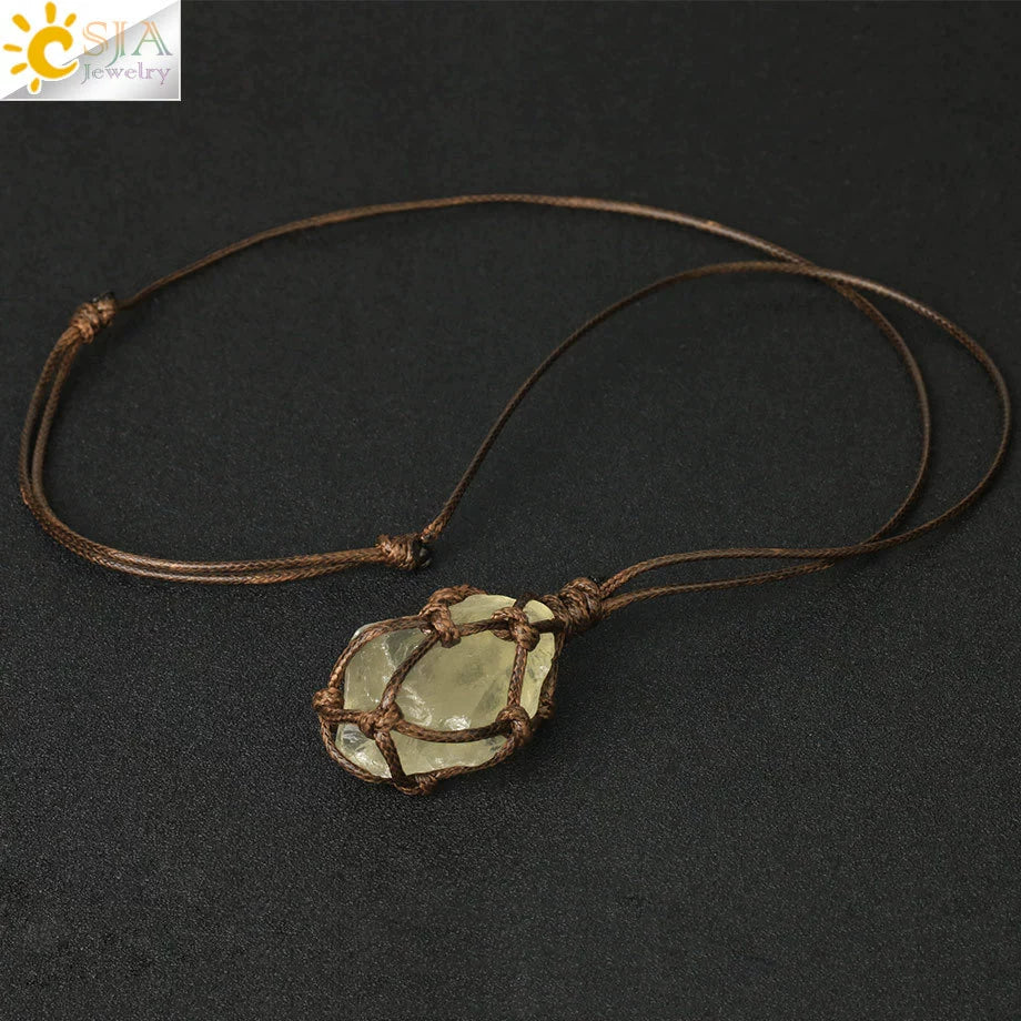 Natural Amethyst Pendant Necklace Handmade With Cowhide Rope Geometric Style - Image 2