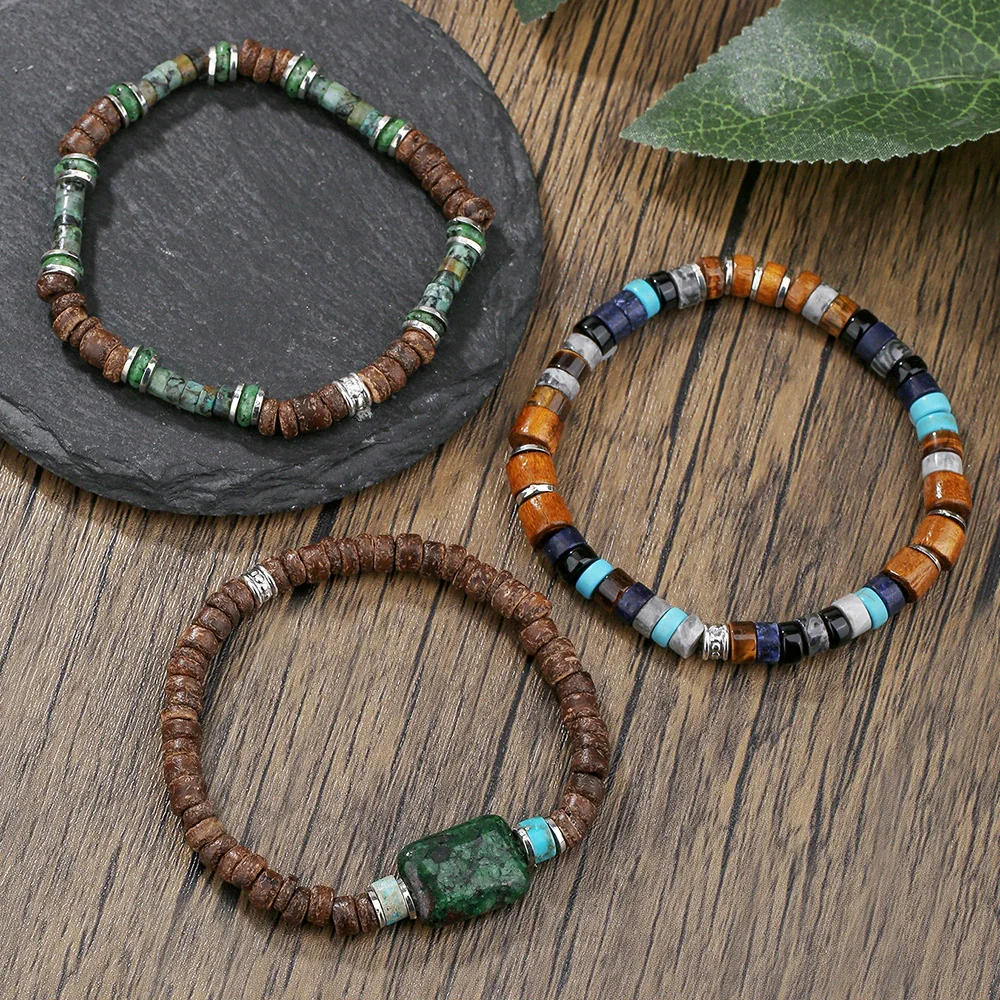 Natural Raw Stone Wood Beaded Geometric Handmade Unisex Bracelet - Image 4