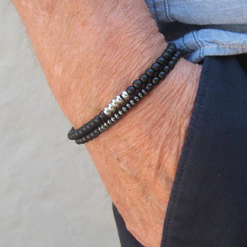 Natural Stone Beaded Bracelet Black Matte Volcanic Stone Round Geometric Handmade Unisex - Image 2