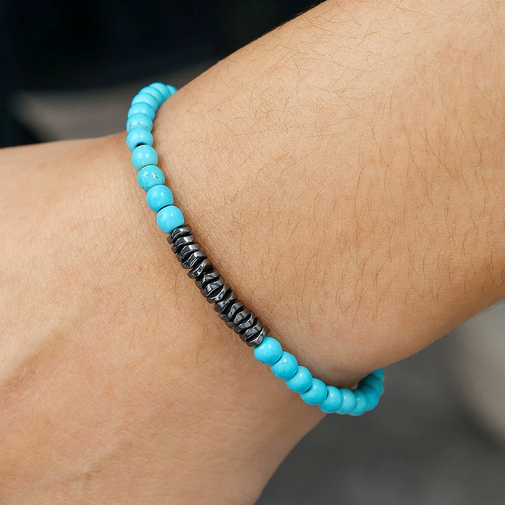 Natural Stone Geometric Pattern Handmade Unisex Beaded Elastic Bracelet - Image 3