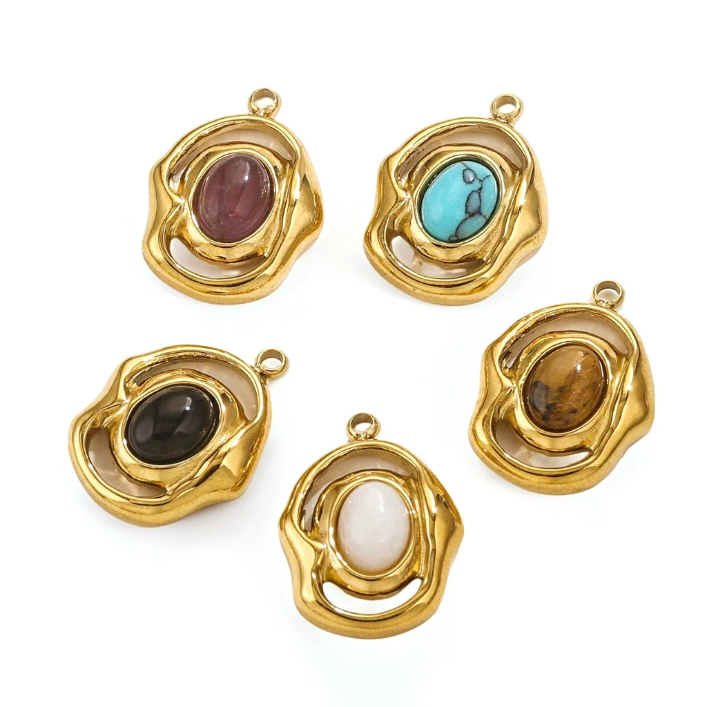 Natural Stone Oval Pendant Titanium Steel Plated 18K Real Gold Diy Hanging Card Accessories - Image 2