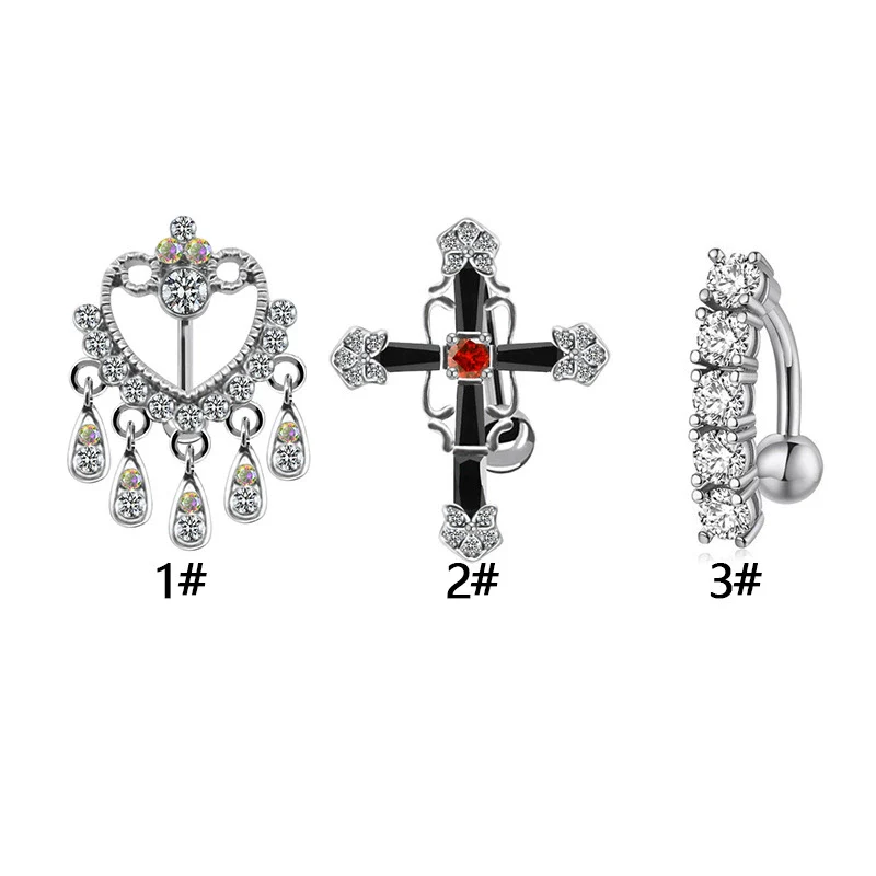 Navel Ring Stainless Steel Heart Tassel Cross Zircon Diamond Styling - Image 4
