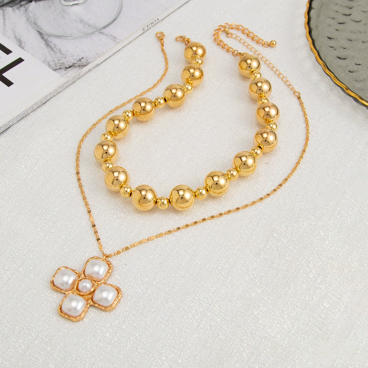 Necklace Alloy Geometric Imitation Pearl Electroplating Punk Exaggerate Style - Image 4