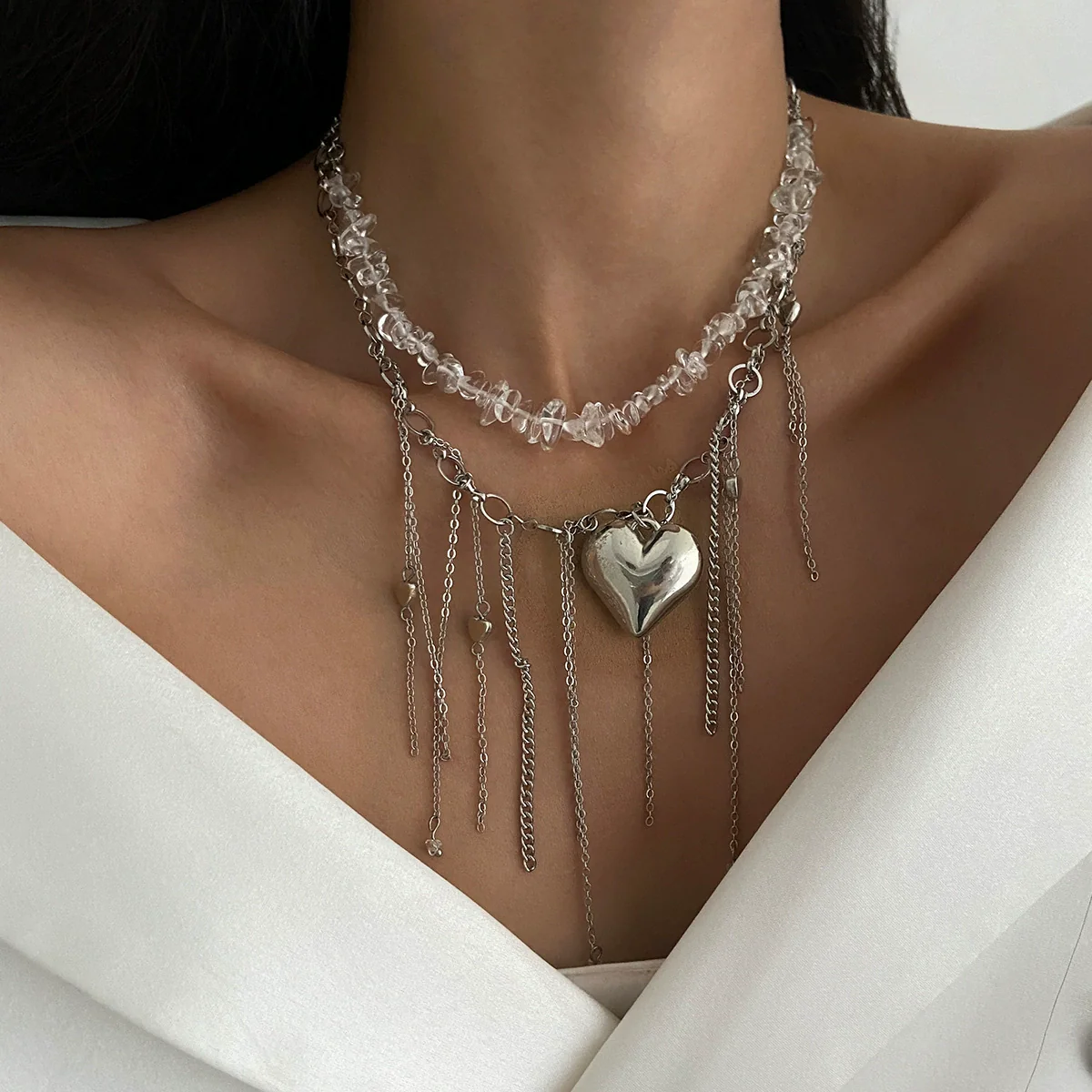Necklace Alloy Heartshaped Pendant Clavicle Chain Cream Sweet Style Electroplating For Women - Image 8