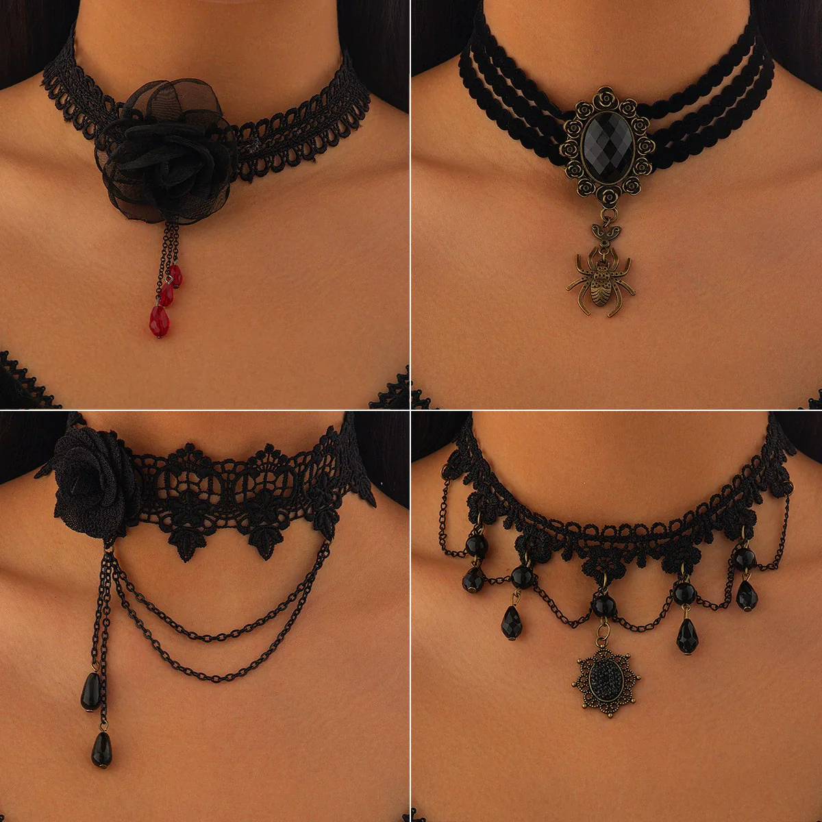 Necklace Alloy Pendant Lace Handmade Chain Dark Style Flower Star Pattern Gothic