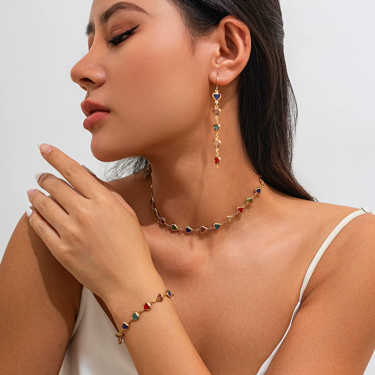 Necklace Artificial Crystal Clavicle Chain Square Peach Heart Geometric Vintage Style - Image 3