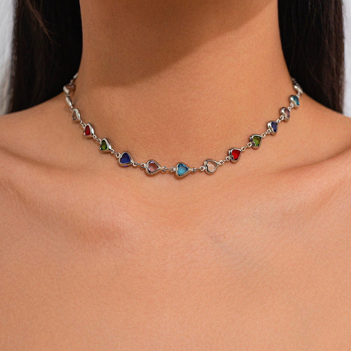 Necklace Artificial Crystal Clavicle Chain Square Peach Heart Geometric Vintage Style - Image 8