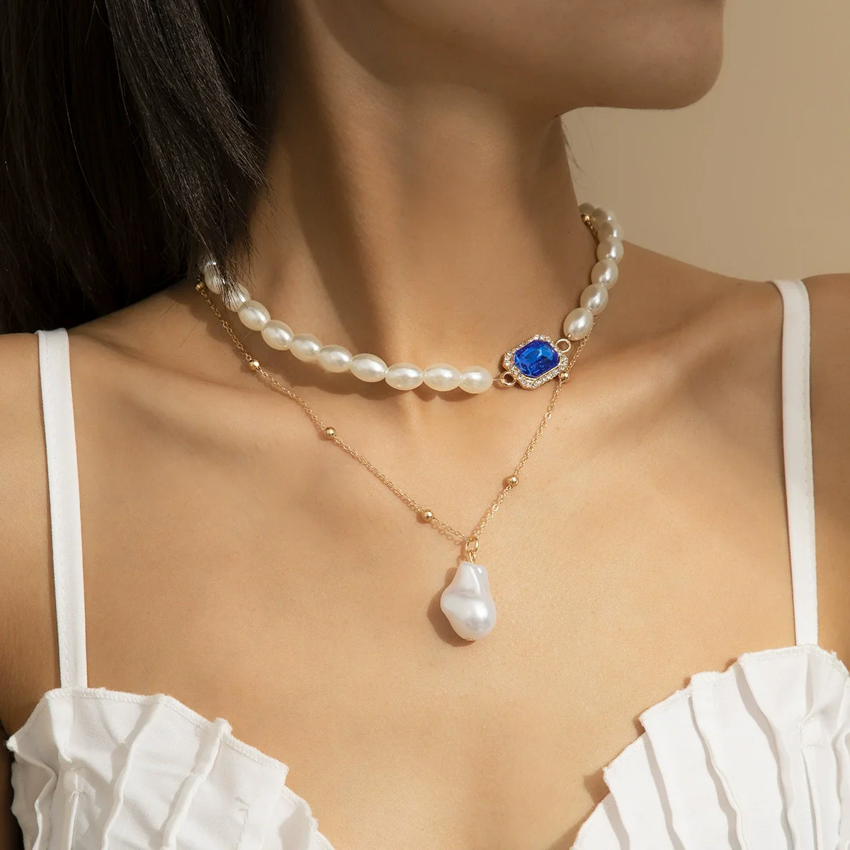 Necklace Artificial Pearl Fine Copper Clad Iron Bead Chain Rhinestone Alloy Geometric Electroplating Cross Chain Style