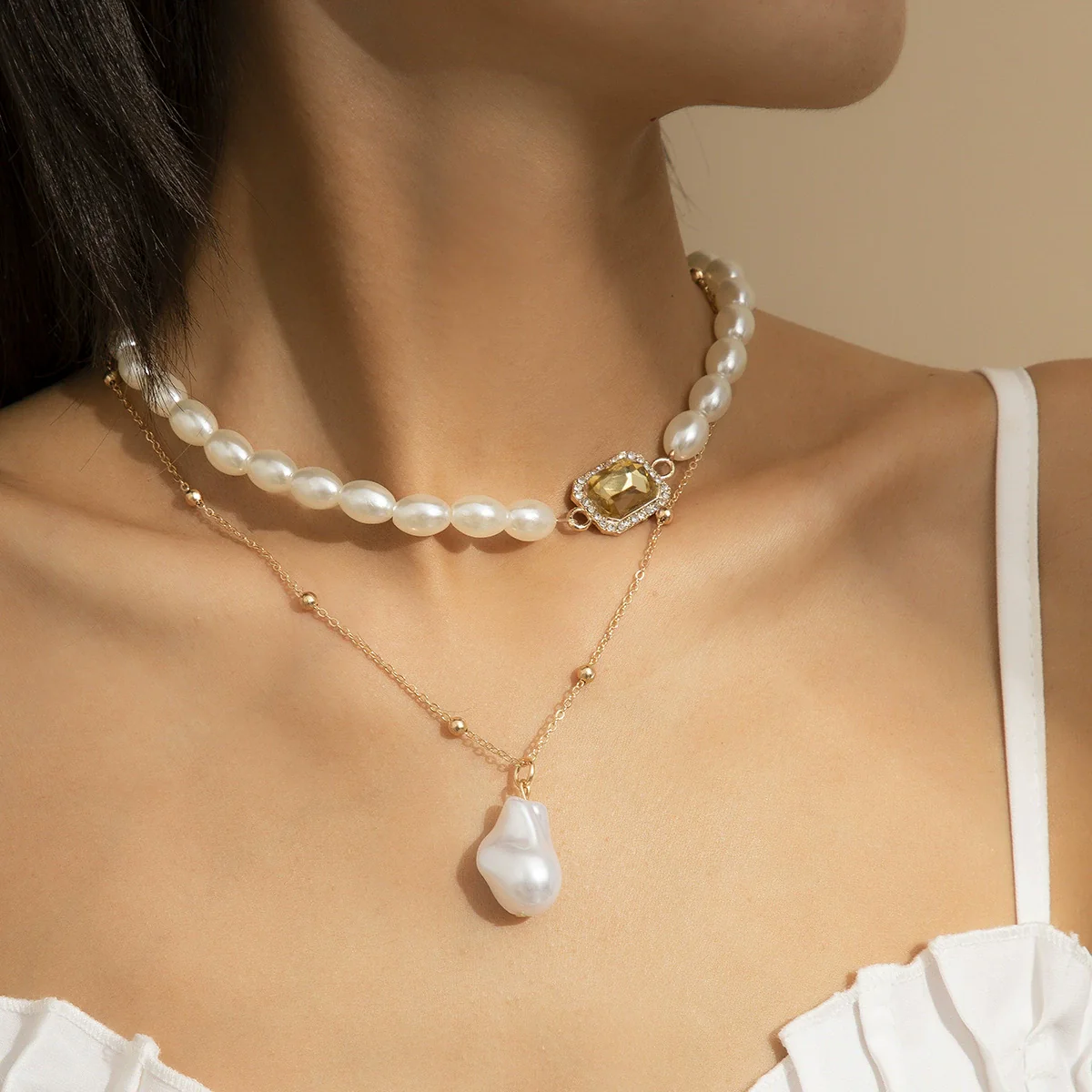 Necklace Artificial Pearl Fine Copper Clad Iron Bead Chain Rhinestone Alloy Geometric Electroplating Cross Chain Style - Image 3