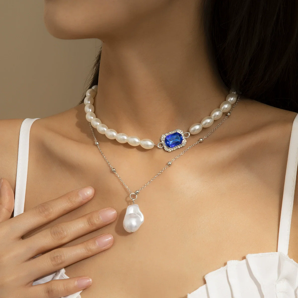 Necklace Artificial Pearl Fine Copper Clad Iron Bead Chain Rhinestone Alloy Geometric Electroplating Cross Chain Style - Image 5
