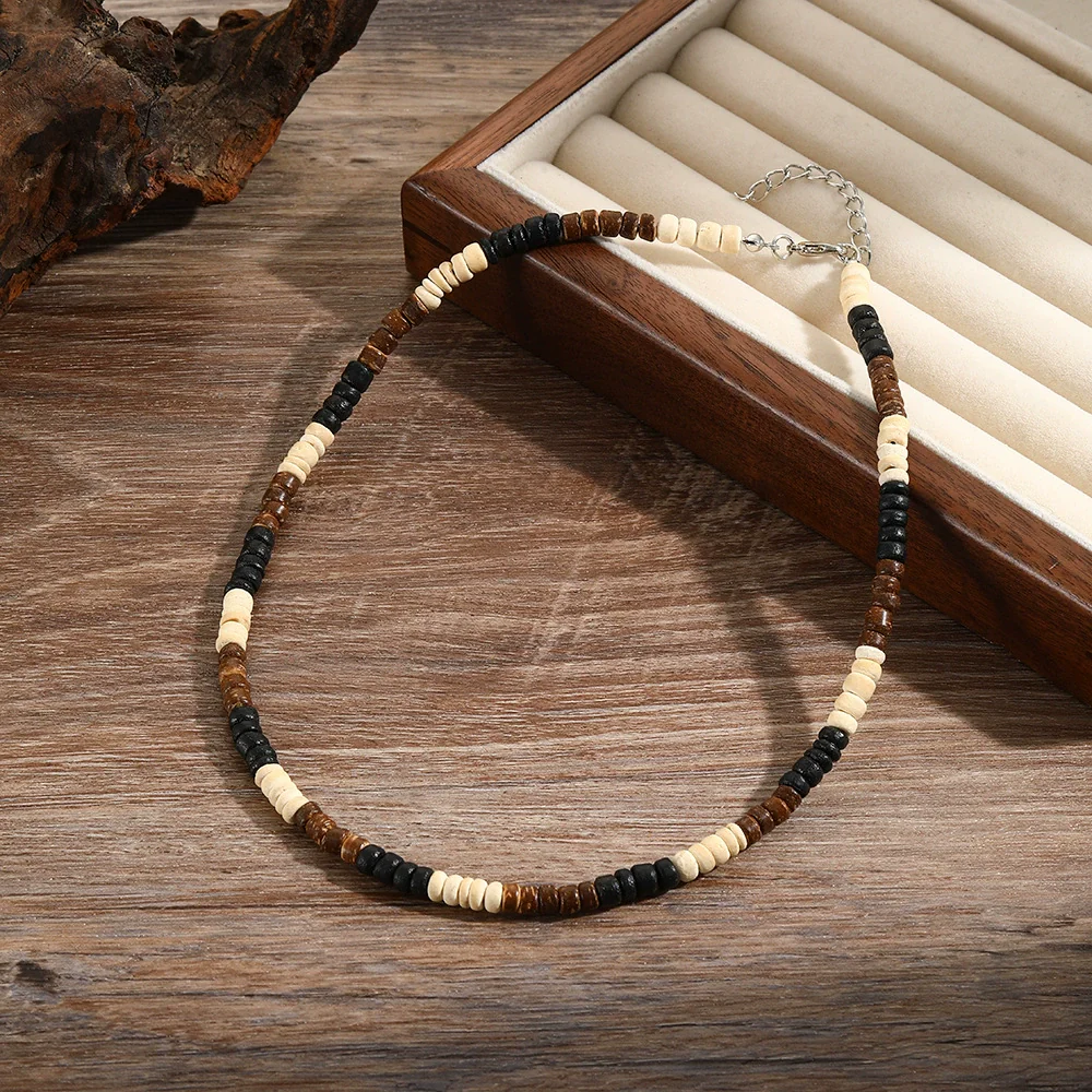 Necklace Coconut Shell Wooden Beads Turquoise Geometric Handmade Men's - Image 10