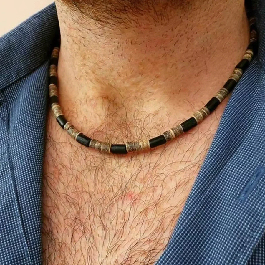 Necklace Coconut Wood Beads Stainless Steel Geometric Handmade Unisex - Image 4