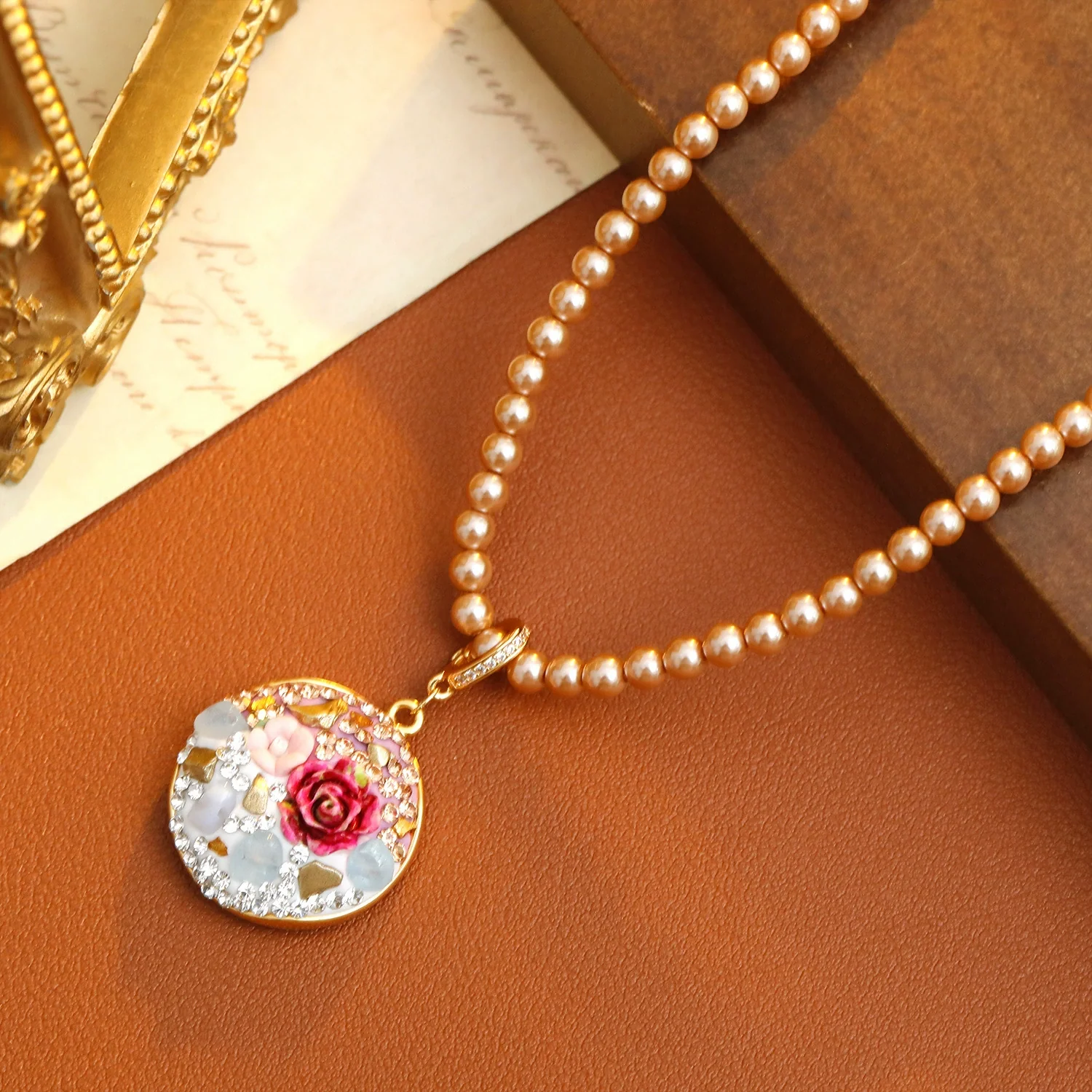 Necklace Copper Alloy Pearl Geometric Microinlaid Zircon Electroplating Rose Flower Oil Painting Ceramic Clay Threedimensional Woolen Chain For Women - Image 6