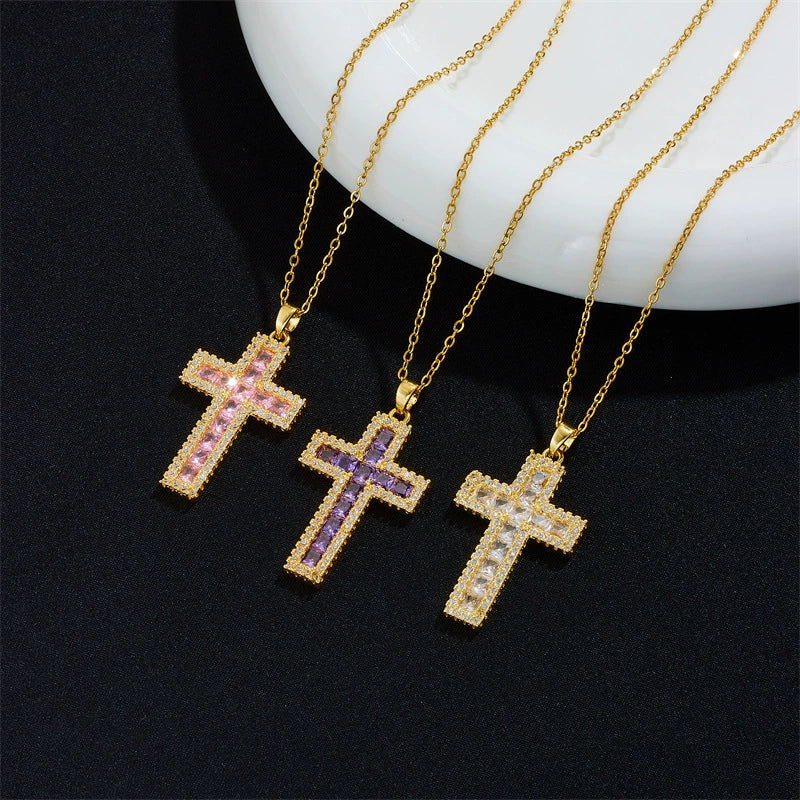 Necklace Copper Mixed Gem Inlay Geometric Cross Electroplating - Image 2