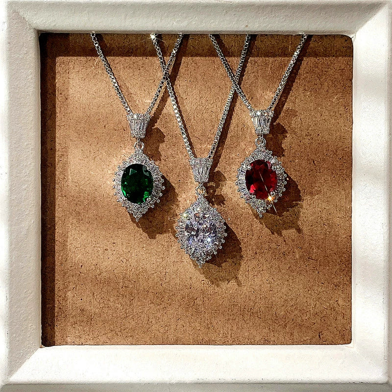 Necklace Copper Mixed Gem Inlay Geometric Retro Elegant Emerald Zircon Box Chain - Image 4