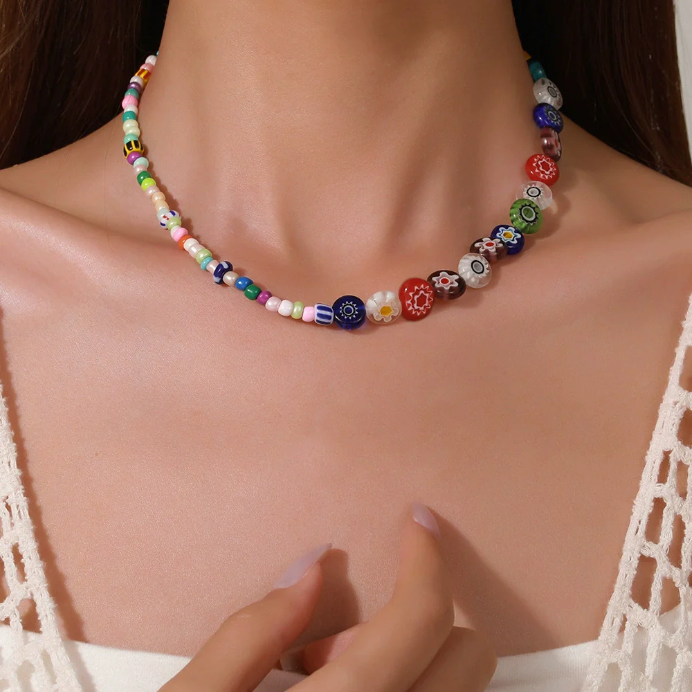 Necklace Glazed Rice Beads Alloy Geometric Handmade For Women - Image 2