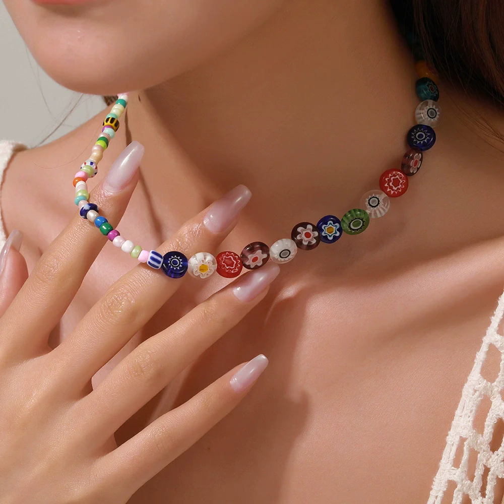 Necklace Glazed Rice Beads Alloy Geometric Handmade For Women - Image 3