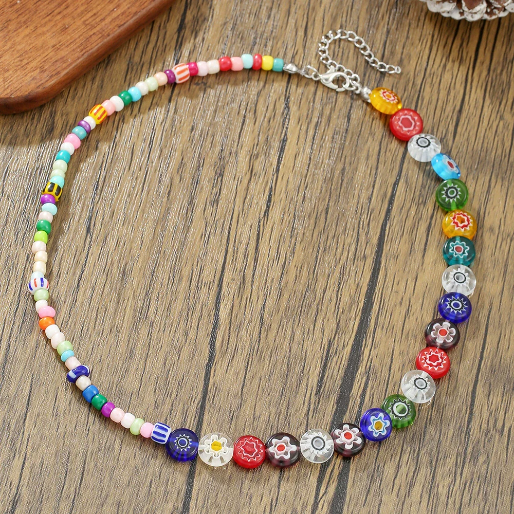 Necklace Glazed Rice Beads Alloy Geometric Handmade For Women - Image 4