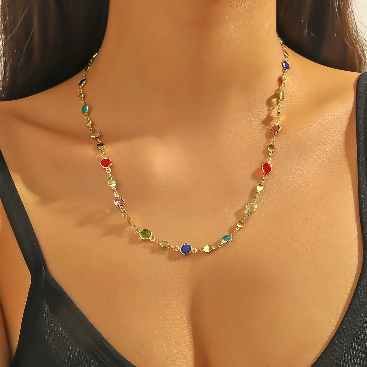 Necklace Handmade Beaded Doublelayer Artificial Crystal Red Retro Geometric Ochain Electroplated For Women - Image 3