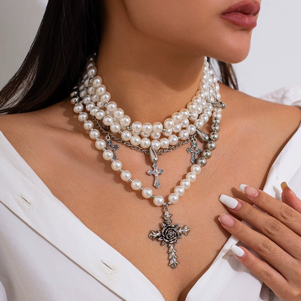 Necklace Imitation Pearl Alloy Geometric Pattern Electroplating Ball Chain Women's Hiphop Punk Retro - Image 3