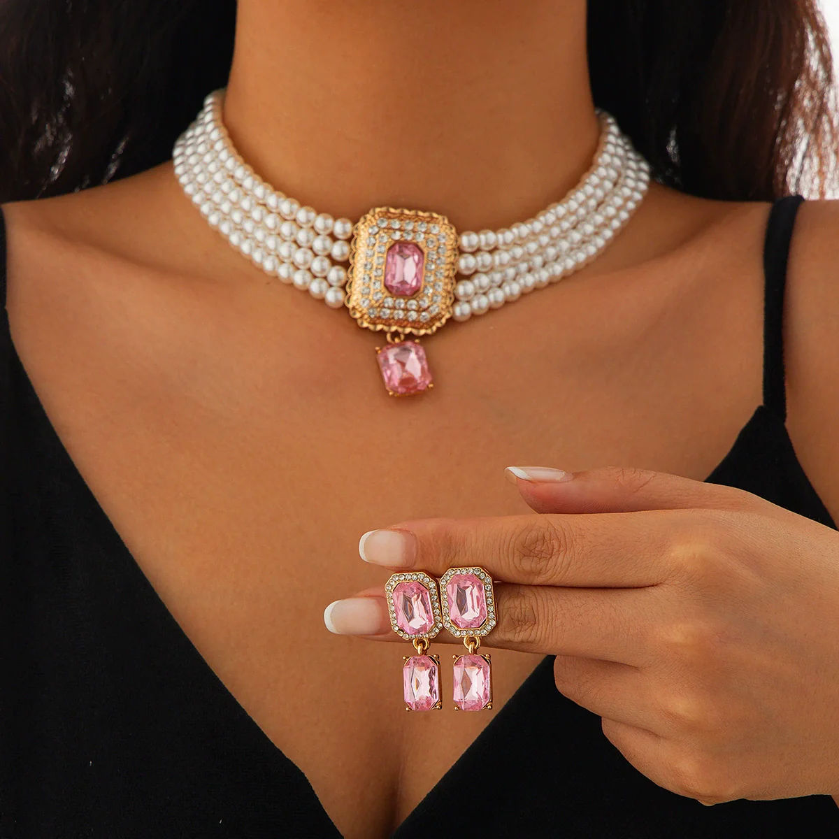 Necklace Imitation Pearl Artificial Crystal Geometric Retro Style - Image 3