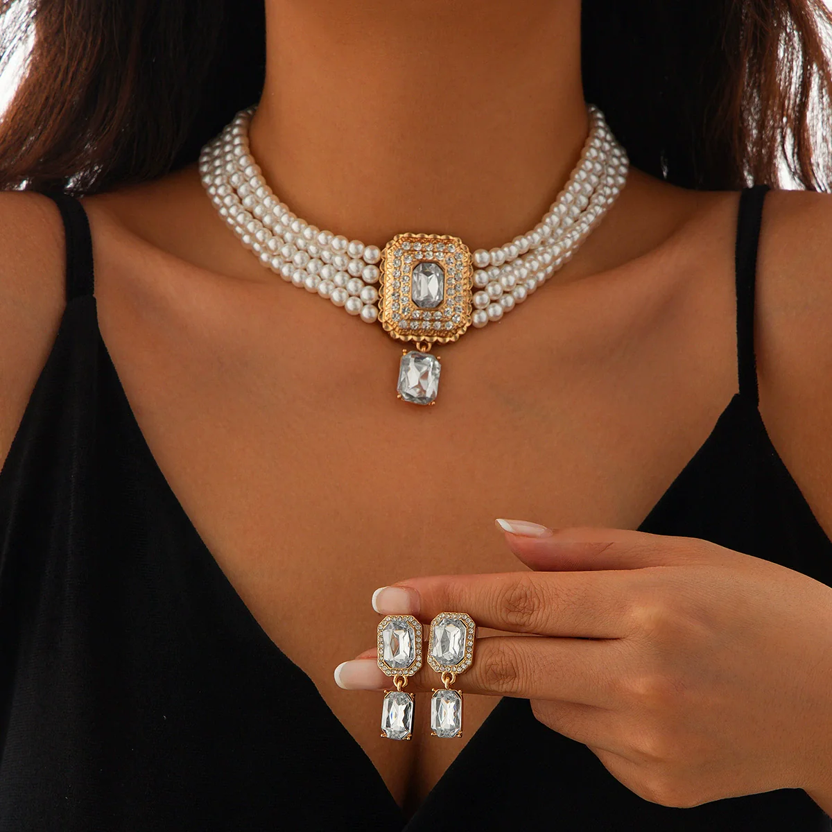 Necklace Imitation Pearl Artificial Crystal Geometric Retro Style - Image 8