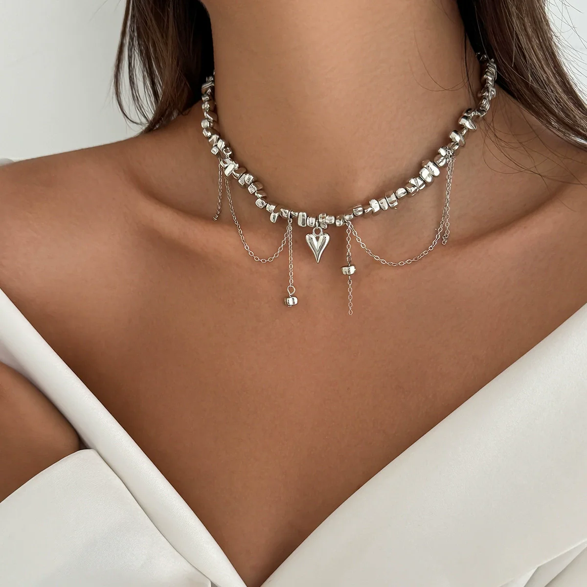 Necklace Imitation Pearl Chain Iron Alloy Heart Geometric Electroplating Women's - Image 2