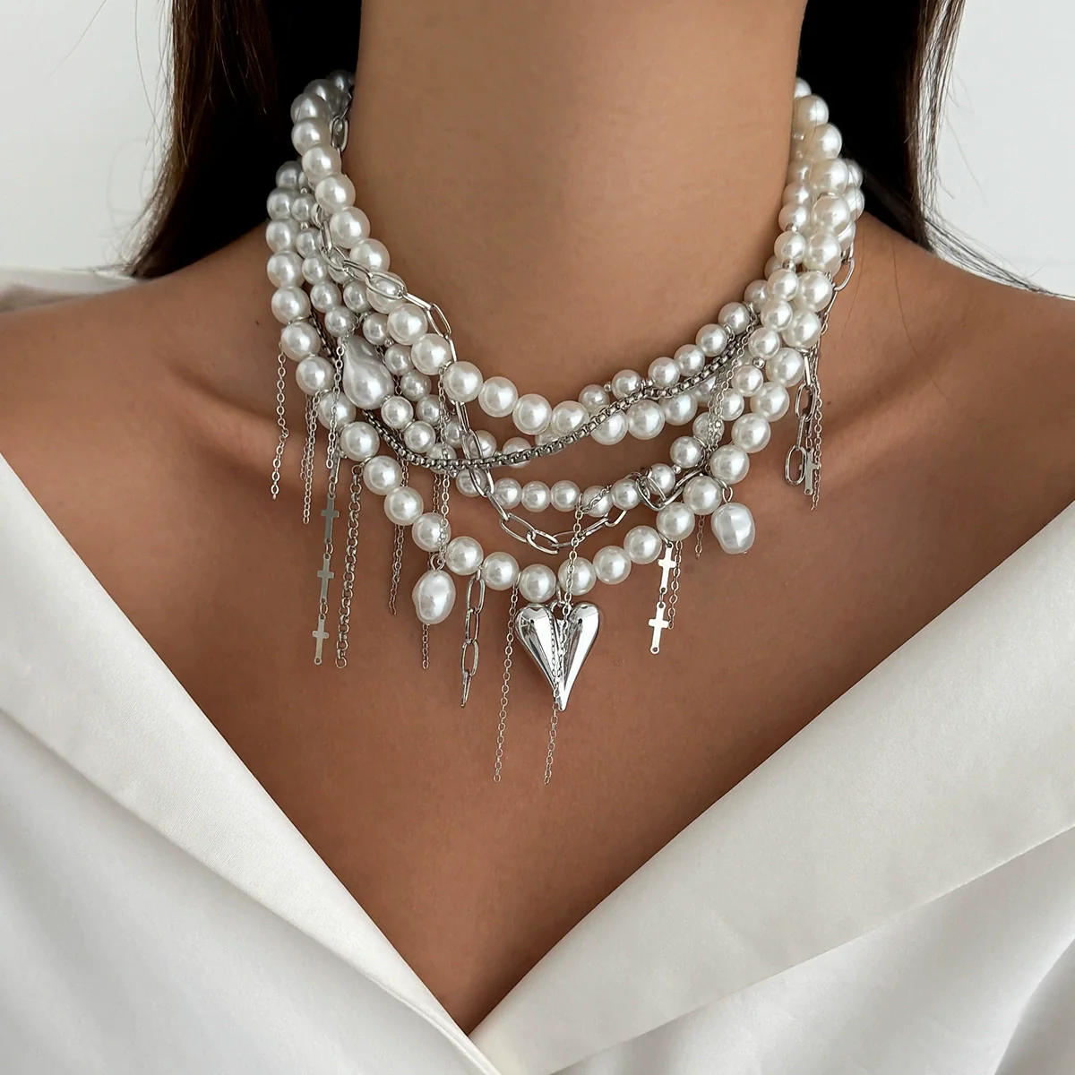 Necklace Imitation Pearl Chain Iron Alloy Heart Geometric Electroplating Women's - Image 6