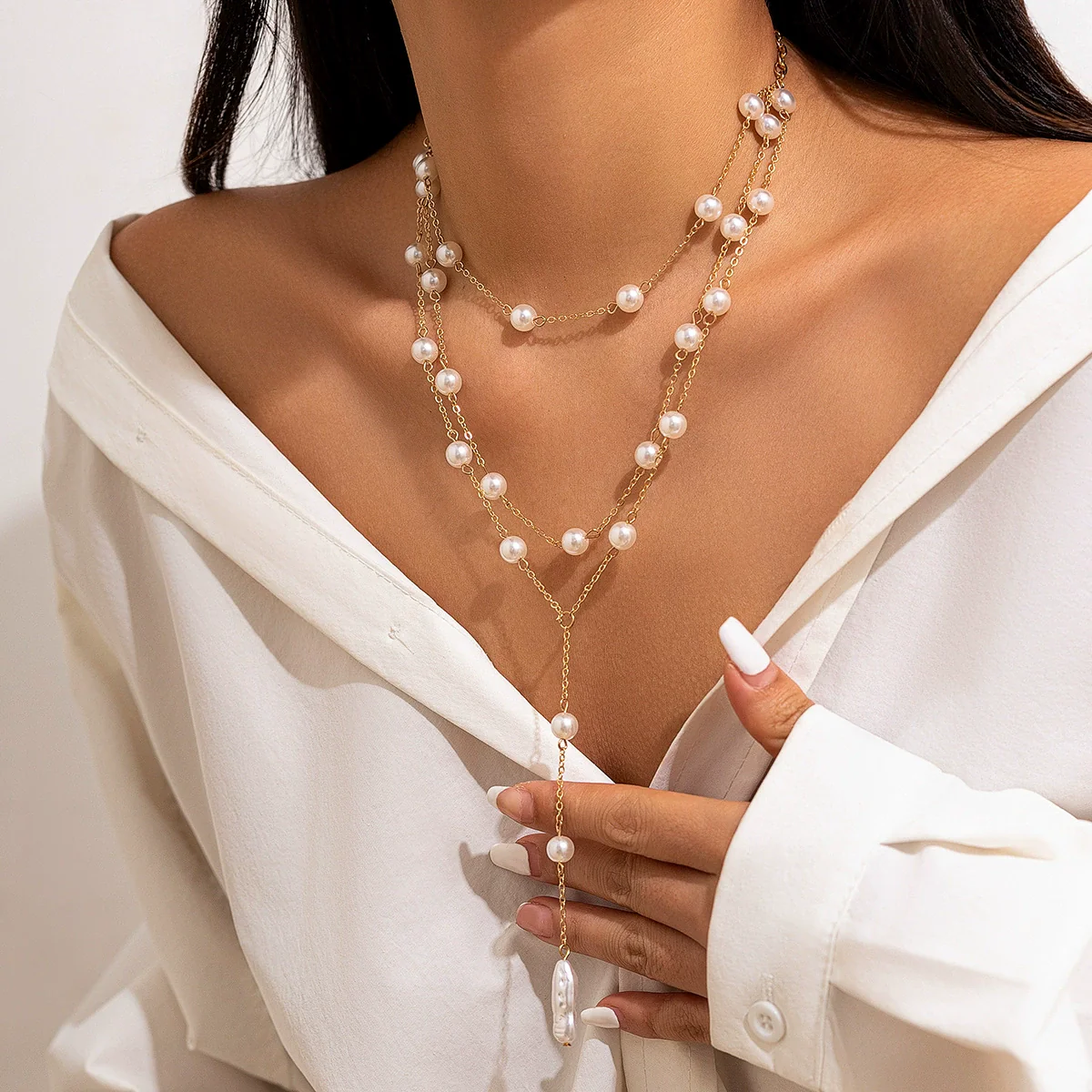 Necklace Imitation Pearl Geometric Style Electroplating - Image 6