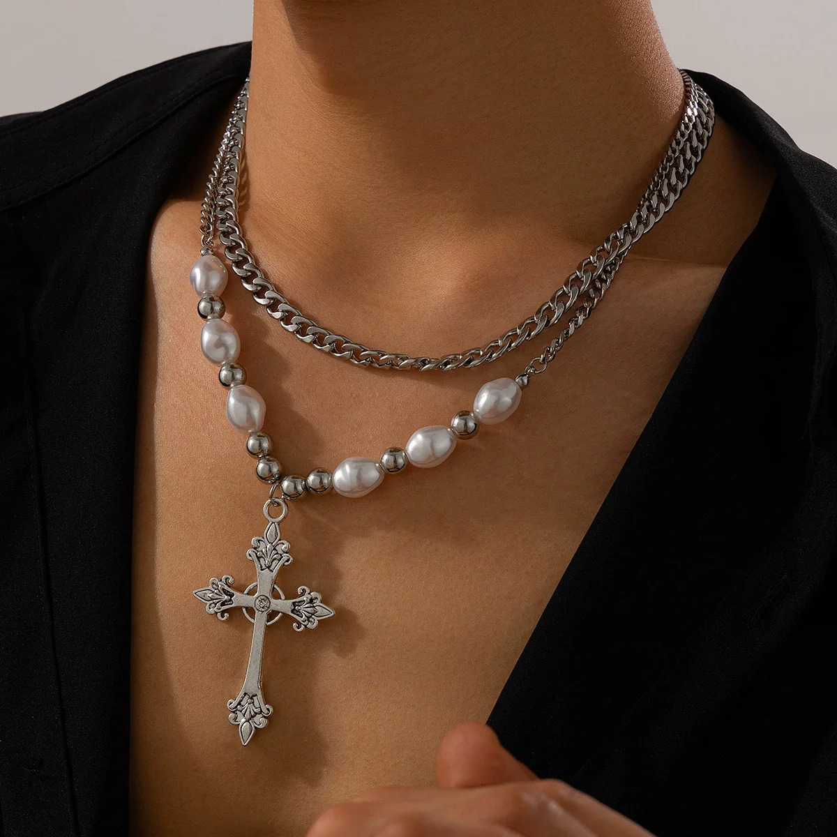 Necklace Men's Hiphop Imitation Pearl Cross Titanium Steel Alloy Geometric Handmade Jewelry - Image 3