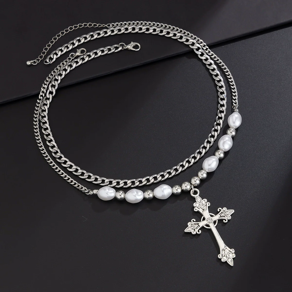Necklace Men's Hiphop Imitation Pearl Cross Titanium Steel Alloy Geometric Handmade Jewelry - Image 4