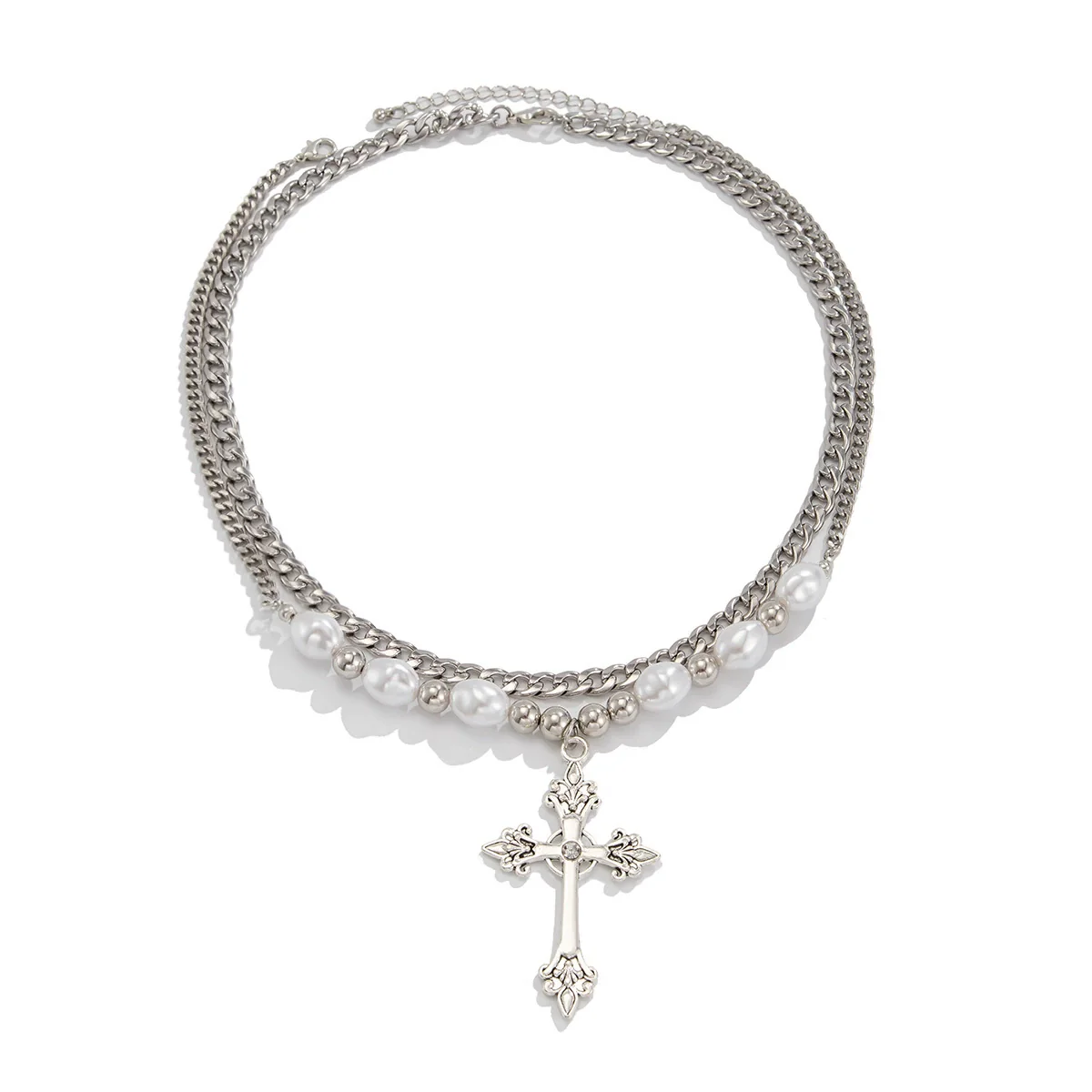 Necklace Men's Hiphop Imitation Pearl Cross Titanium Steel Alloy Geometric Handmade Jewelry - Image 5