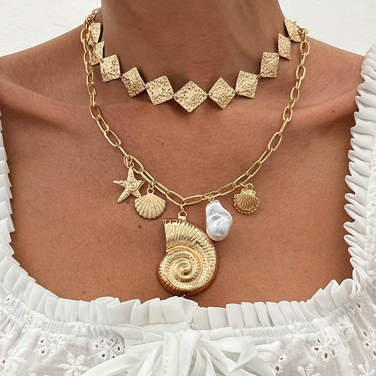 Necklace Metal Alloy Imitation Pearl Iron Sheet Animal Zodiac Geometric Starfish Scallop Shell Conch Electroplating