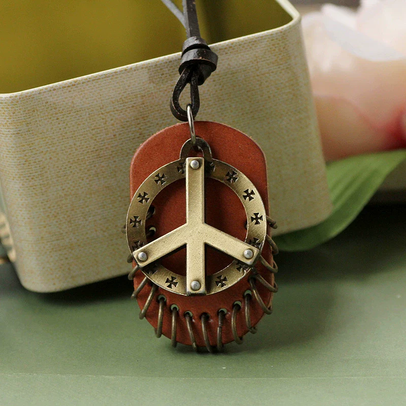 Necklace Metal Bronze Peace Symbol Geometric Leather Fuel Injection Pendant - Image 3