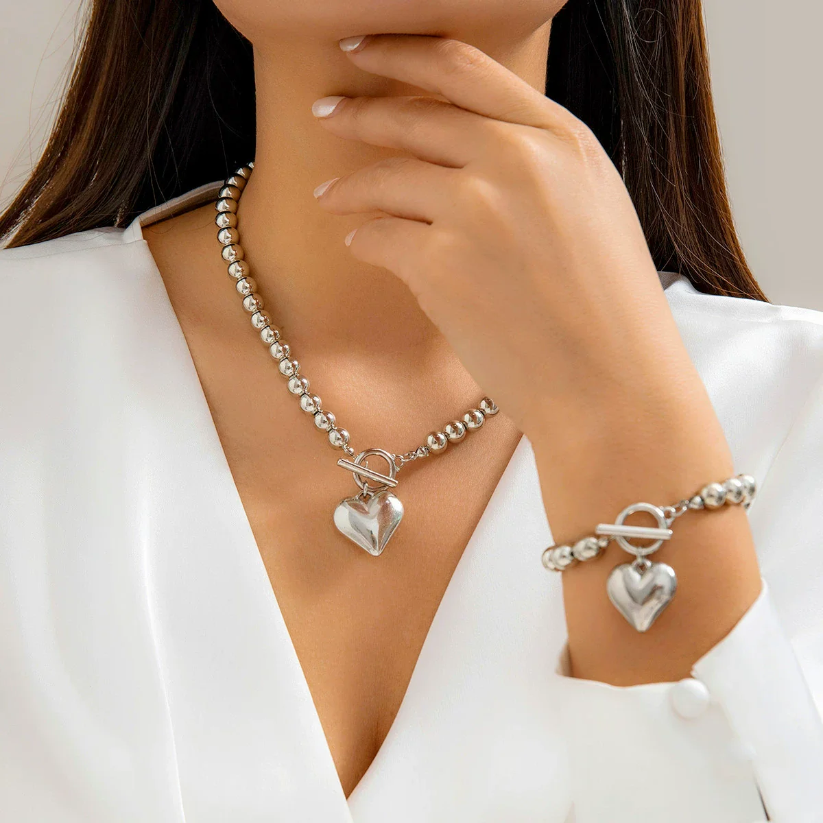 Necklace Metal Imitation Pearl Plastic Heart Shaped Ball Chain Electroplated - Image 4