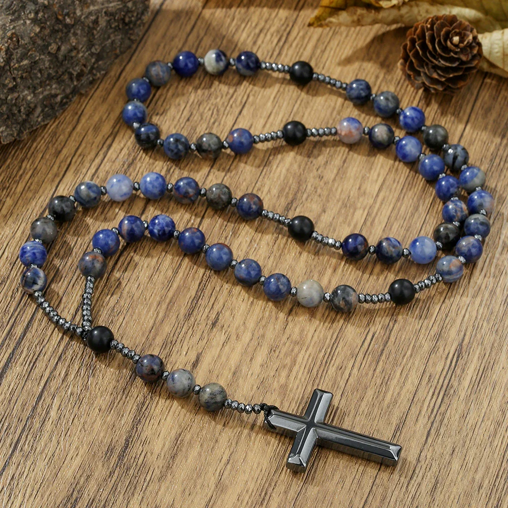 Necklace Natural Stone Yellow Tiger Eye Iron Stone Cross Geometric Handmade Men's Hip Hop Style Alloy Pendant Cotton Thread Chain - Image 12