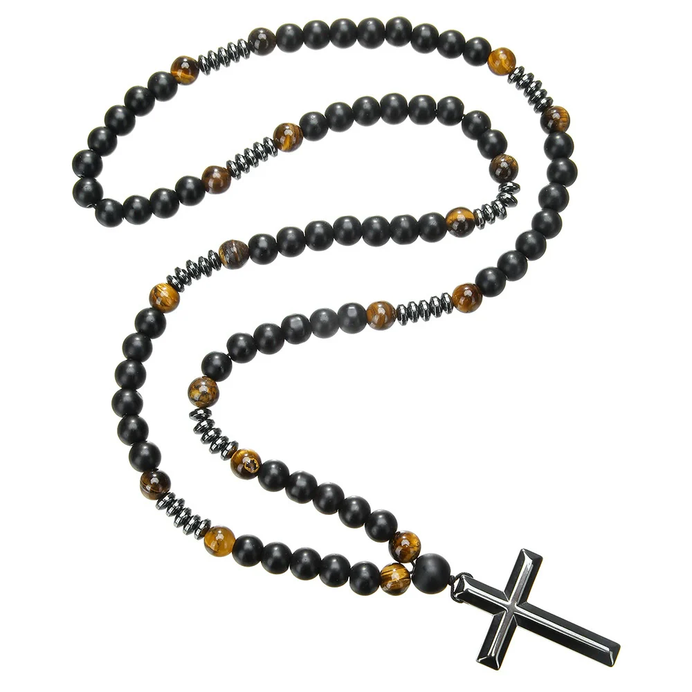 Necklace Natural Stone Yellow Tiger Eye Iron Stone Cross Geometric Handmade Men's Hip Hop Style Alloy Pendant Cotton Thread Chain - Image 7