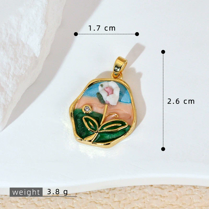 Necklace Pendant Accessories Copper Imitation Pearl Oil Drop Plants Flowers Retro Art Dripping Oil Style - Image 14