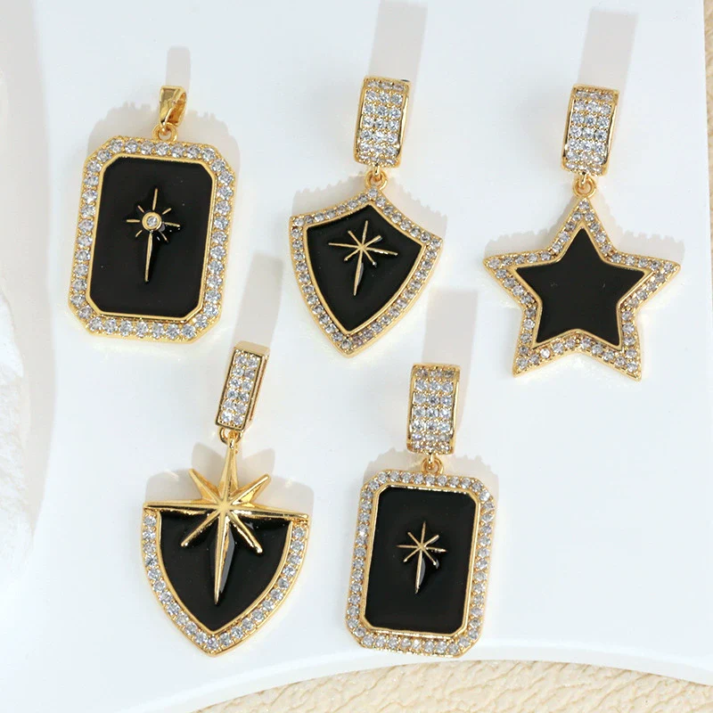 Necklace Pendant Retro Star Black Oil Drop Shield Copper Micropaved Geometric Letters Numbers Text Diy Accessories