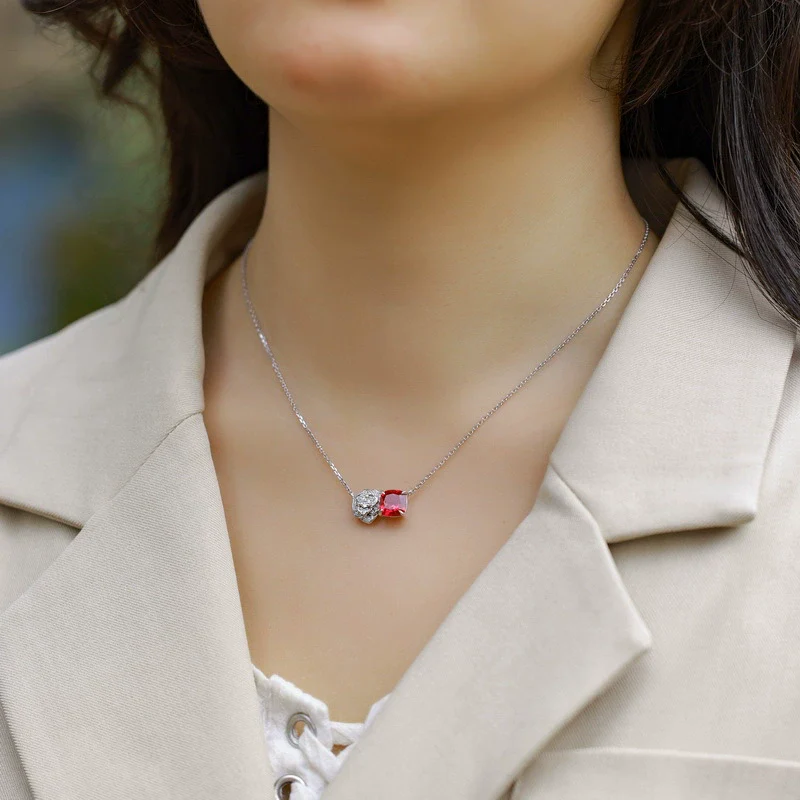 Necklace S925 Silver Inlaid Cultivated Ruby Geometric Flower Pattern Diamond Design Highend Women's