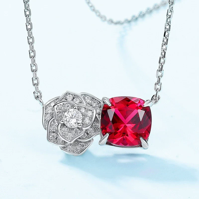 Necklace S925 Silver Inlaid Cultivated Ruby Geometric Flower Pattern Diamond Design Highend Women's - Image 2