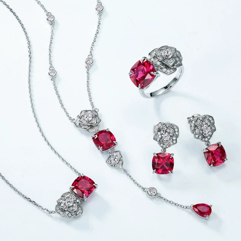 Necklace S925 Silver Inlaid Cultivated Ruby Geometric Flower Pattern Diamond Design Highend Women's - Image 3