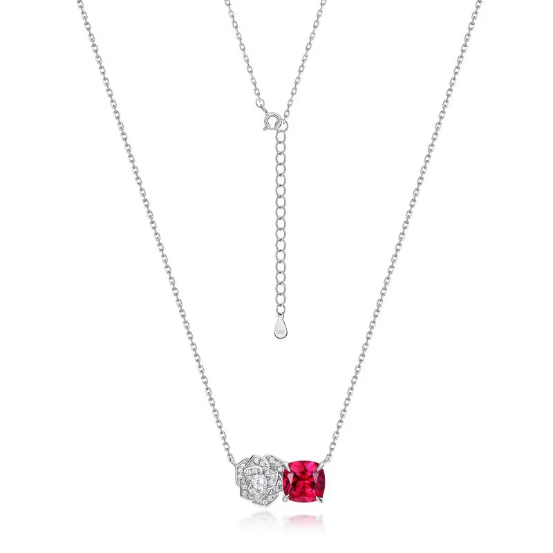 Necklace S925 Silver Inlaid Cultivated Ruby Geometric Flower Pattern Diamond Design Highend Women's - Image 4
