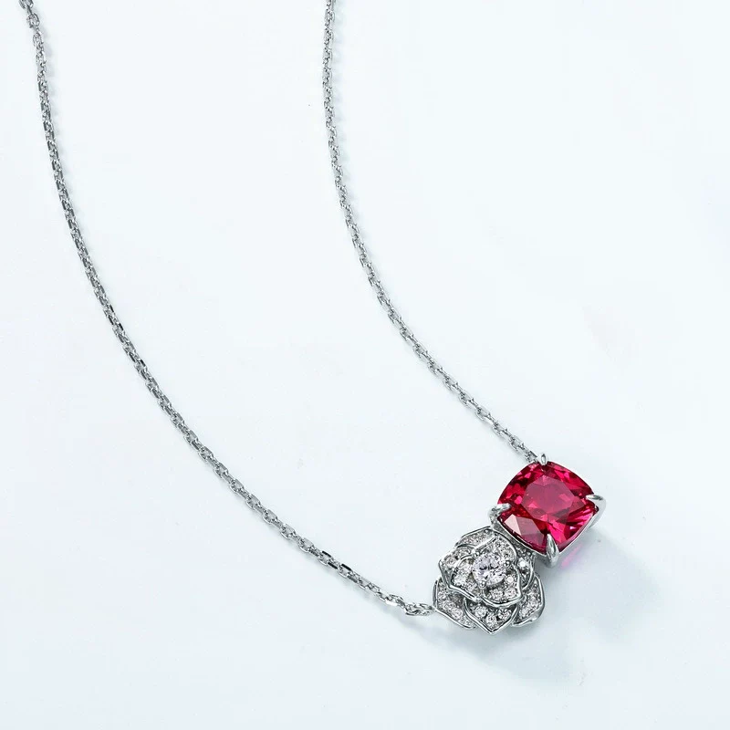Necklace S925 Silver Inlaid Cultivated Ruby Geometric Flower Pattern Diamond Design Highend Women's - Image 5