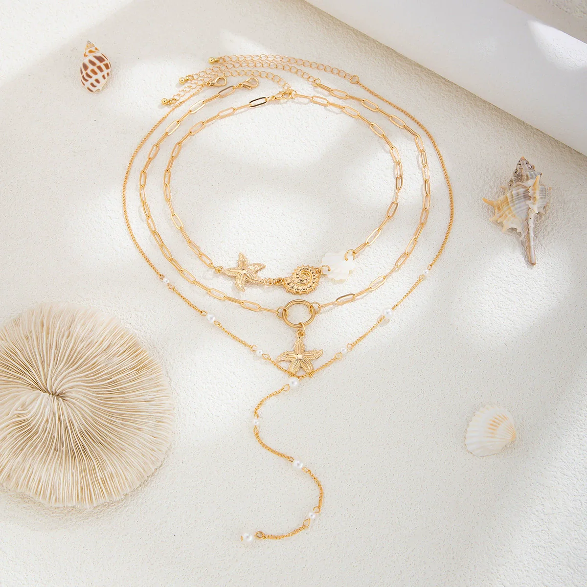 Necklace Shell Piece Starfish Conch Imitation Pearl Alloy Geometric Star Electroplating Women's Fashion - Image 2