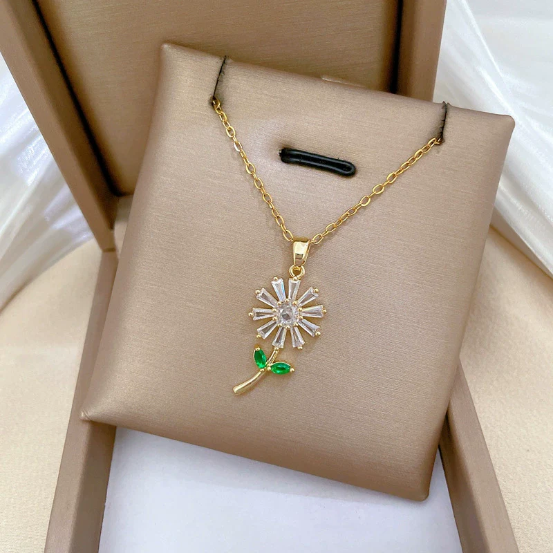 Necklace Stainless Steel Copper Geometric Green Leaf Flower Full Diamond Style - Image 3