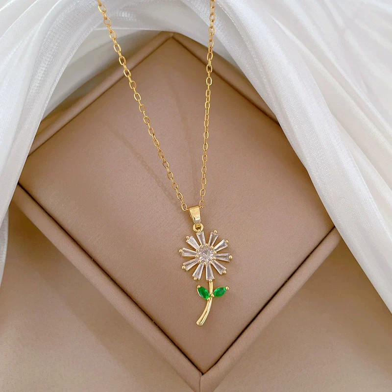 Necklace Stainless Steel Copper Geometric Green Leaf Flower Full Diamond Style - Image 4