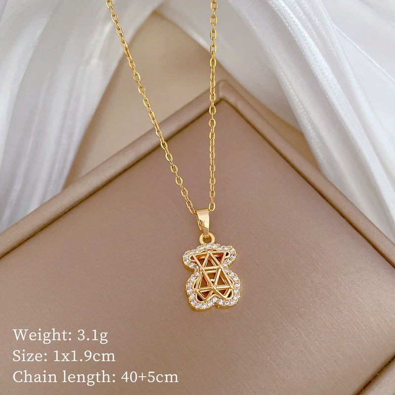 Necklace Stainless Steel Copper Geometric Hollow Bear Full Diamond Women's Allmatch Clavicle Chain Light Luxury Elegant Gorgeous - Image 6