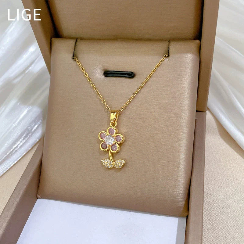 Necklace Stainless Steel Copper Geometric Leaf Five Petal Flower Light Luxury Elegant Gorgeous Unisex - Image 3